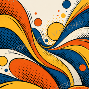 Dynamische Farbbänder und Rasterpunkte in Orange, Gelb und Blau im Pop-Art-Stil.