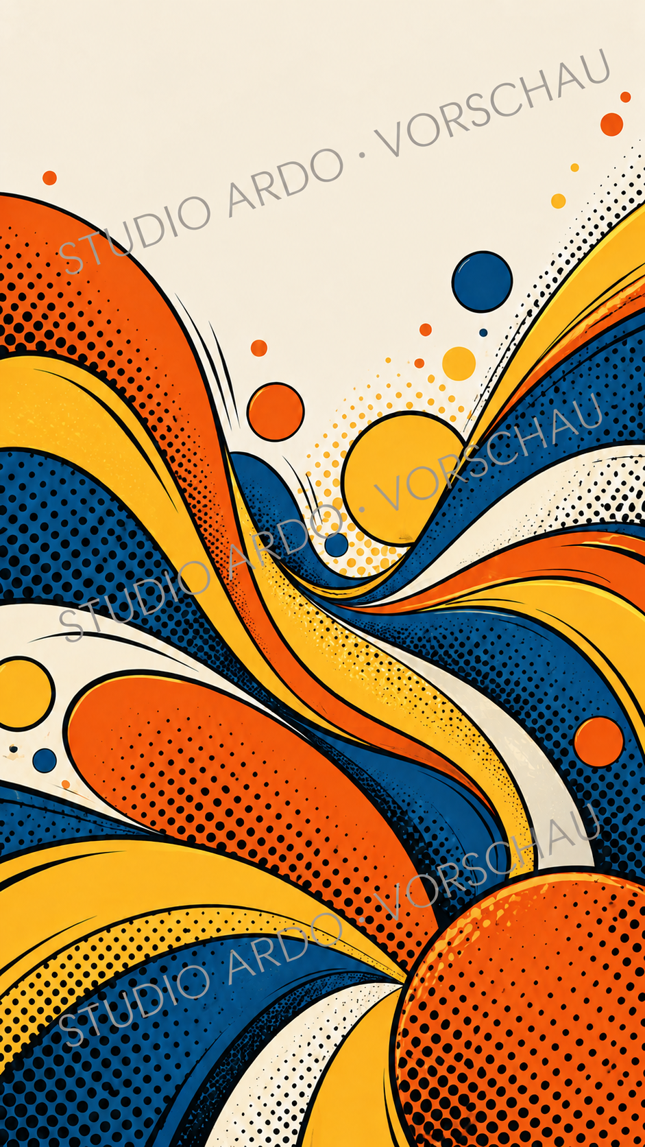 Dynamische Farbbänder und Rasterpunkte in Orange, Gelb und Blau im Pop-Art-Stil.