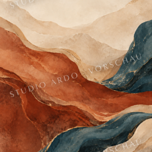 Abstrakte Mineralschichten in Terrakotta, Sand und Petrol mit feinen goldfarbenen Linien.