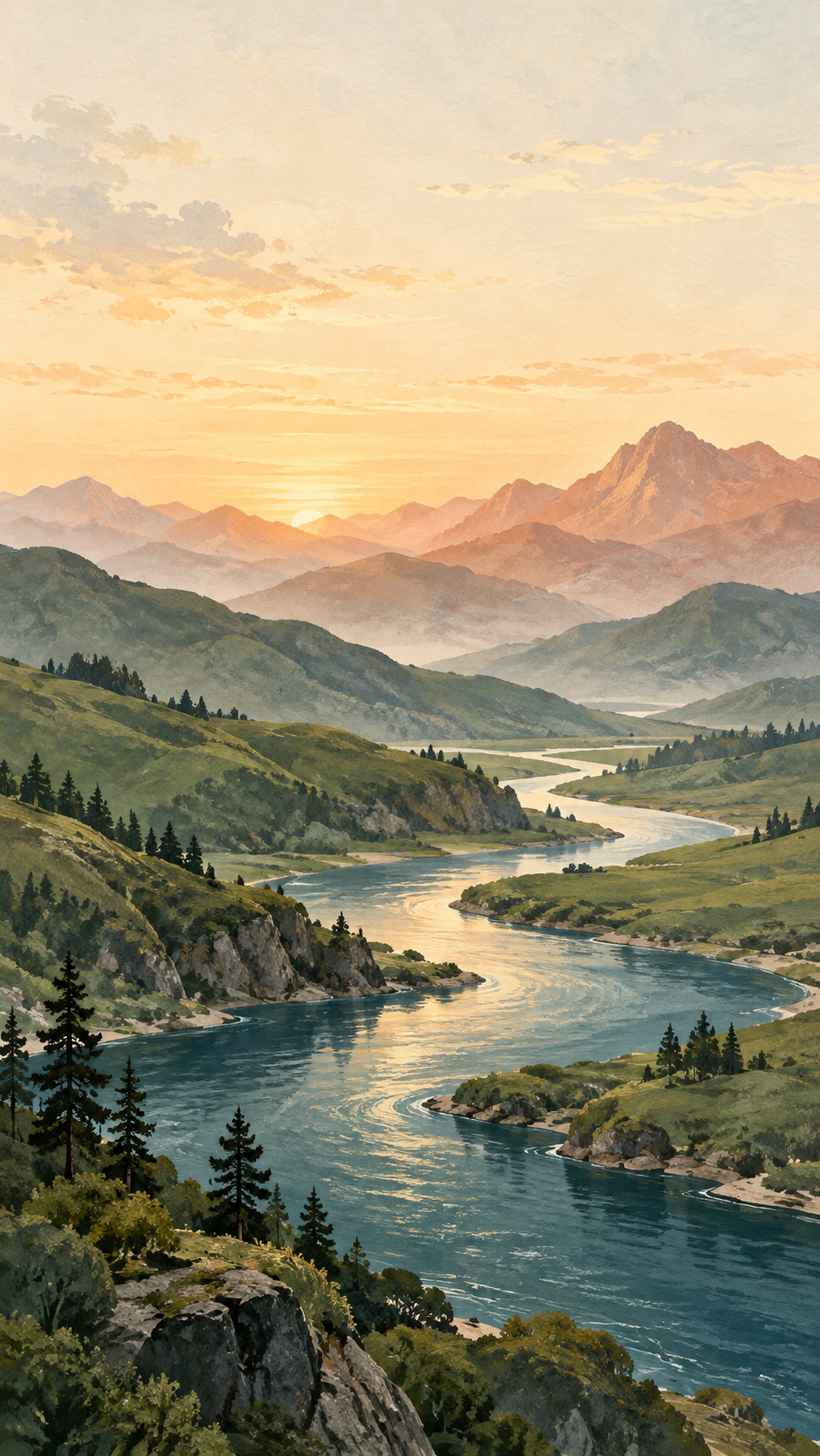 Ein gewundener Fluss zwischen grünen Hügeln und Bergen im warmen Morgenlicht.