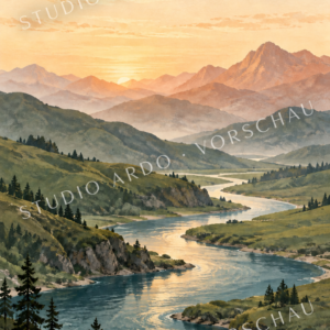 Ein gewundener Fluss zwischen grünen Hügeln und Bergen im warmen Morgenlicht.
