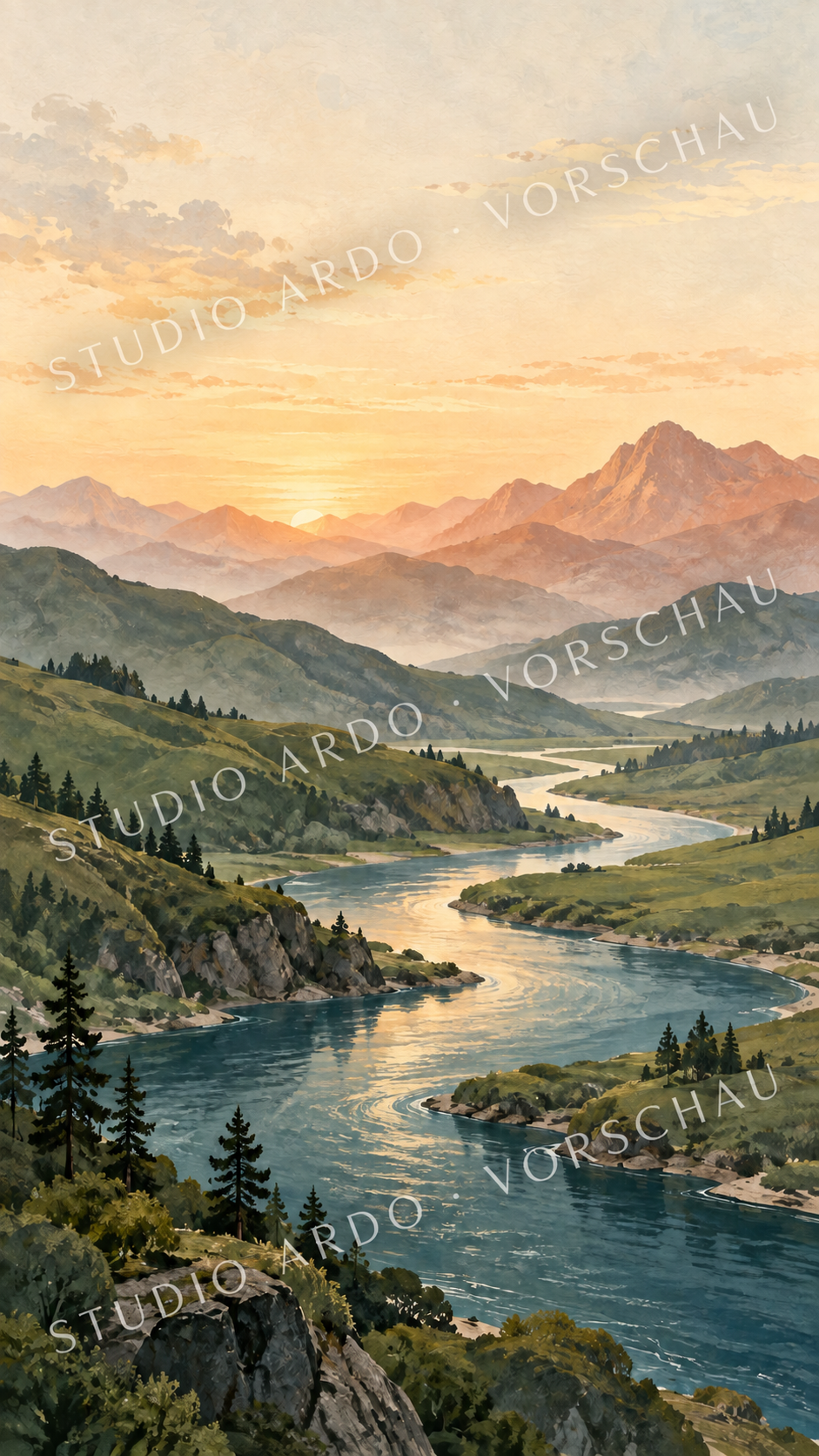 Ein gewundener Fluss zwischen grünen Hügeln und Bergen im warmen Morgenlicht.