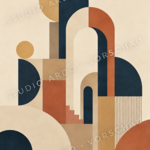 Geometrische Bögen, Kreise und Rechtecke in Creme, Terrakotta, Ocker und Dunkelblau.
