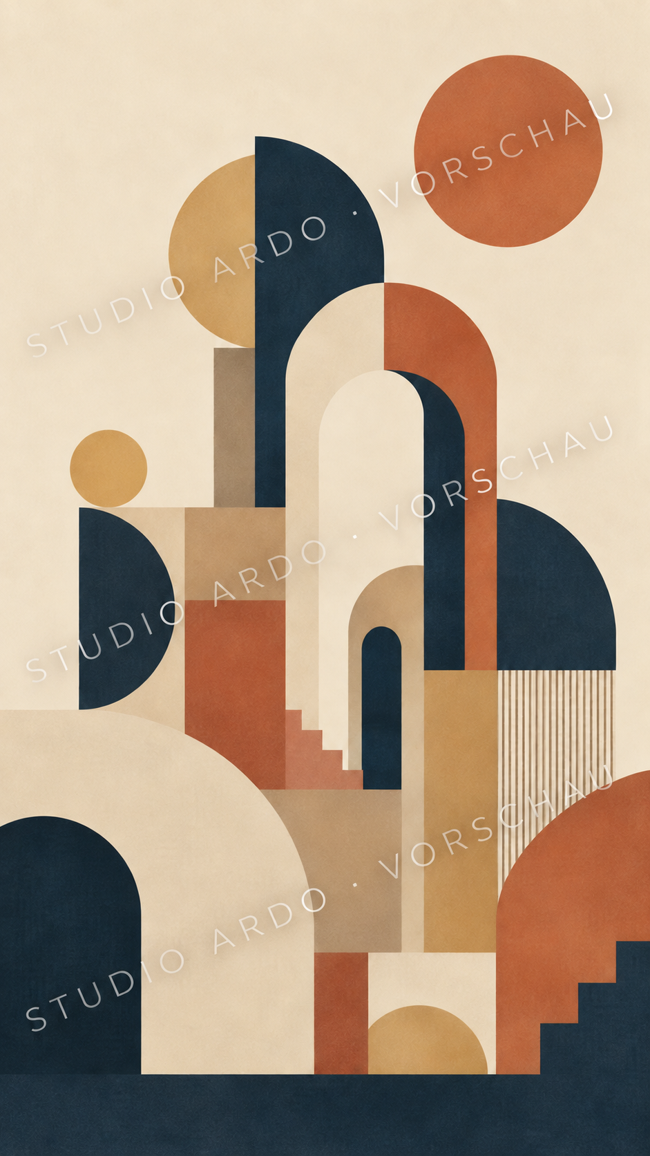 Geometrische Bögen, Kreise und Rechtecke in Creme, Terrakotta, Ocker und Dunkelblau.