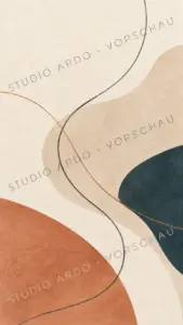 Geschwungene dunkle Linien über cremefarbenen, terrakottafarbenen und petrolblauen Flächen.