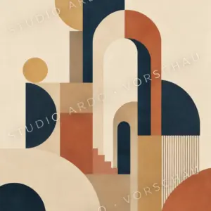 Geometrische Bögen, Kreise und Rechtecke in Creme, Terrakotta, Ocker und Dunkelblau.